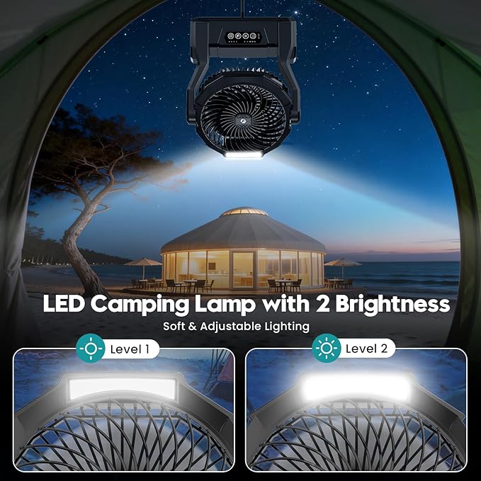 XZK 36000mAh Rechargeable Camping Fan, 98H Runtime Battery Powered Portable Travel Fan with LED Light, Tent Fans for Indoor,Outdoor,Fishing,Jobsite & Hurricane Emergency,Gifts for Men Dad Him,Black