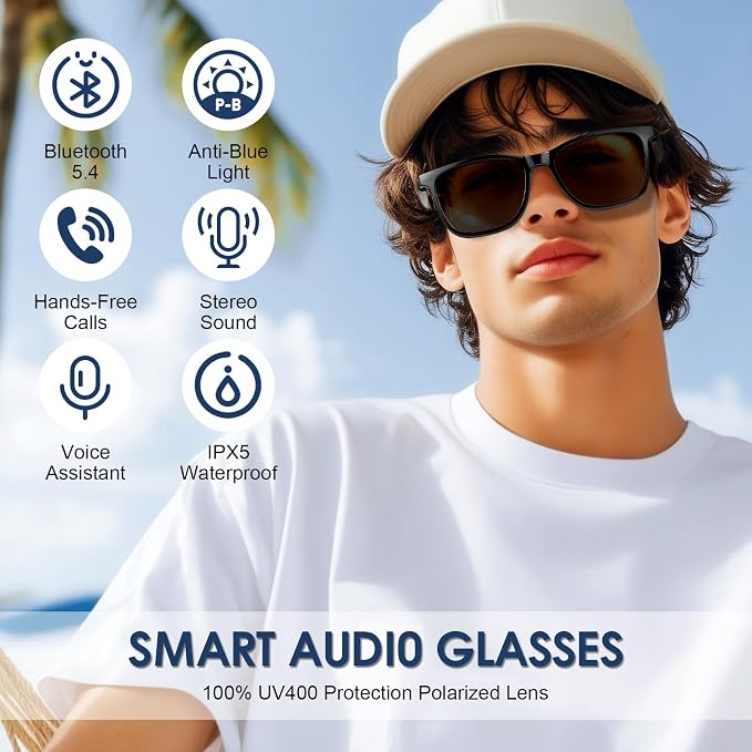 Smart Bluetooth Glasses, Blue Light Blocking, Open Ear Speaker, Voice Control, Extra Magnetic Polarized Sunglasses Lens for Men & Women