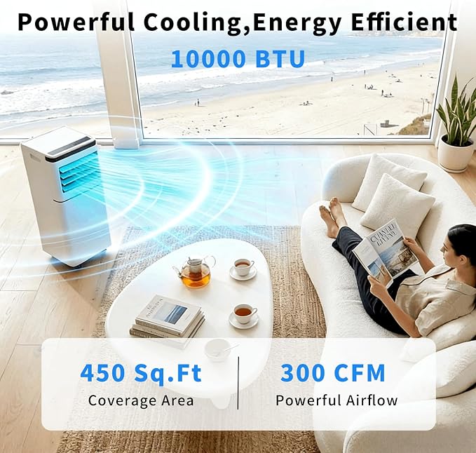 Electactic 10000 BTU Portable Air Conditioner, 4-in-1 AC Unit with Sleep Mode for Master Bedroom, Cooling for Rooms up to 450 Sq.Ft., Dehumidifier & Fan, 24H Timer, Remote Control & Window Kit