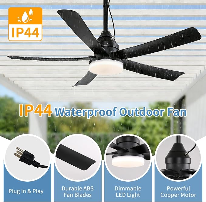AHAWILL Outdoor Ceiling Fan with Light,42" Gazebo Fan,3CCT Dimmable,Waterproof Plug in Ceiling Fan,Outdoor ceiling Fans for Patios,Porch,Gazebo.Black