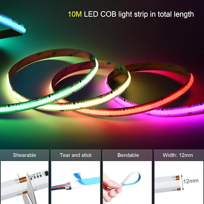 RGB Smart IC COB Led Strip Light 16.4ft/5M, 24V COB Led Strip 12mm Width, 3600LEDs, Color Chasing Addressable Flexible Led Tape Light for TV Backlight, Room Decor(Without Controller&Adapter)