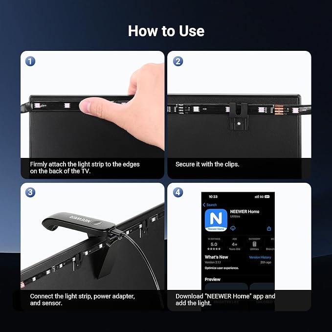 NEEWER Basics TV Backlight for 75"-85" Screens, 16ft/5m LED RGB Light Strips with Sensor Change with TV, Scheduled On/Off, Zero Delay Color Sync, Music Sync, 24 Scenes, Supports App Control, NS03