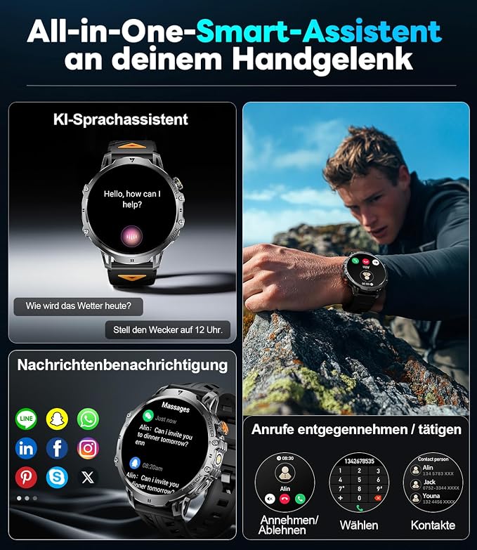 LIGE Military Smart Watches for Men(3 Bands),1000mAh/1.85" HD Large Screen Smartwatch, Flashlight/110+ Sports Modes/IP68 Waterproof/Sleep Monitor, Fitness Tracker Watch for Android iOS,Jet Black