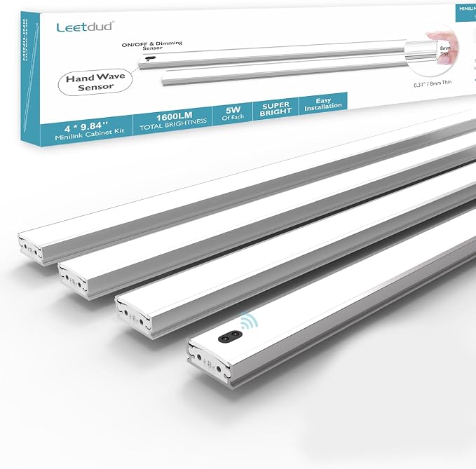 Leetdud Hand Wave Under Cabinet LED Lighting Plug in, 10 Inch 4-Pcs Dimmable Linkable Ultra Thin Aluminum Alloy Housing, 4000K Natural White Motion Sensor Counter Lights for Kitchen, Shelf, Cupboard