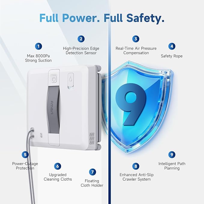 FMART W5 Mini Window Cleaning Robot, 4-Way Ultrasonic Spray, 8000Pa Suction, Ultra-Slim 2.36 in, Edge-Cleaning Route, Smart Path Planning, 9-Stage Safety, Anti-Falling
