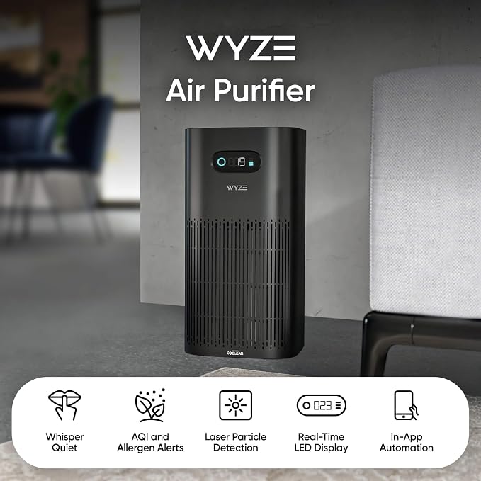 Wyze Air Purifier with Allergen Filter(Standard), for Home Large Room, HEPA 13, 21db Quiet Sleep Mode, 550 sq ft, Remove 99.97% Pet Hair, Pollen, Dust, Dander, Smoke, Smart WiFi Alexa Google, Black