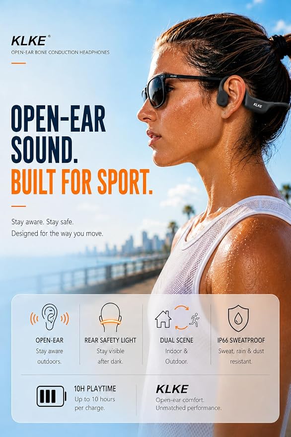 Open-Ear Bone Conduction Headphones, IP66 Waterproof, Integrated Transducer Running Headphones with Dual Mode, Rear Safety Light, 10H Battery,Advanced Mic for Cycling, Hiking & Outdoor Sports