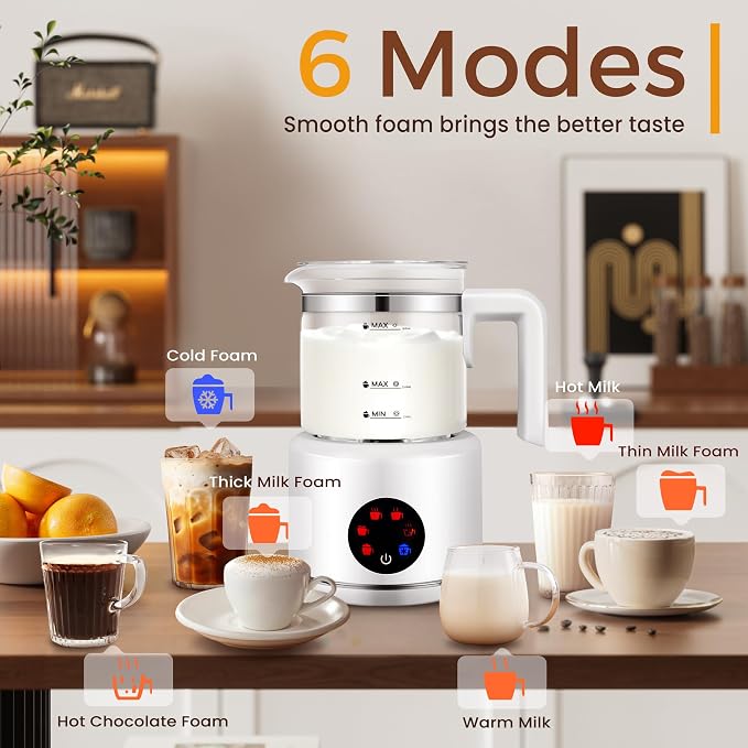Milk Frother and Steamer, 6 in 1 Milk Steamer and Milk Warmer, 17oz Auto Shut Off Electric Frother with Touch Screen, Hot/Cold Foam Maker for Coffee, Latte, Cappuccino, Hot Chocolate,White