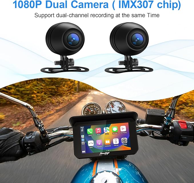 2026 FancyTiger Portable 5" Wireless Motorcycle Carplay (Inculed 128G SD Card) with Android Auto Screen, HD Waterproof Touch Screen, TPMS, GPS Navigation System, G-Sensor, Duble Dash Cam/Camera