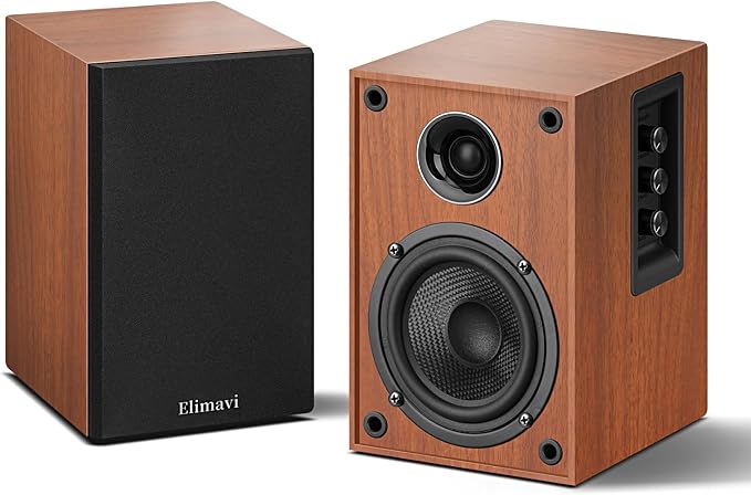 Elimavi Powered Bluetooth 5.3 Bookshelf Speakers - 60W Record Player Speakers with 4" Carbon Fiber Woofer & USB-C/RCA Input, Wooden Monitor Speakers for Turntables, PC, TV, Gaming, Brown