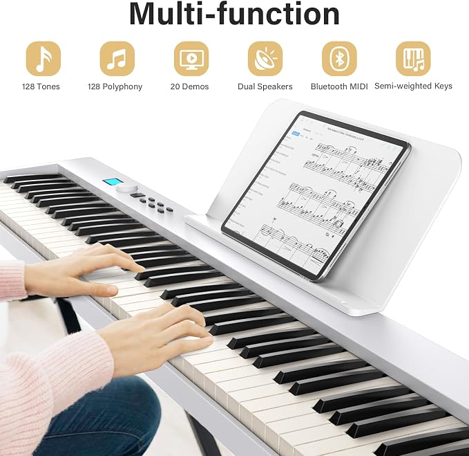88 Key Keyboard Piano BSP-10F Portable Folding Piano with Semi-Weighted Keyboard, 128 Tones, USB MIDI, Sustain Pedal, Music Stand for Beginners Gifts, White