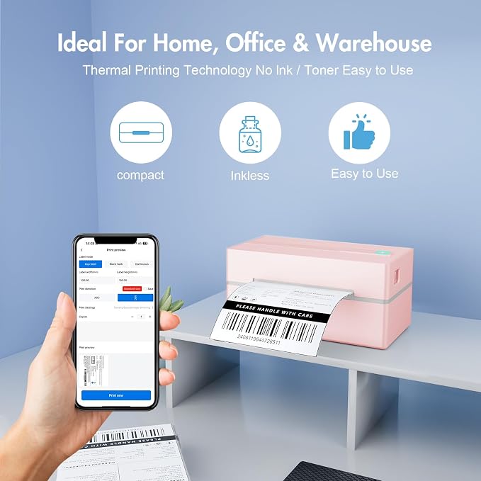 Bluetooth Thermal Shipping Label Printer: 4x6 Wireless Label Maker with Tape for Small Business - Compatible with iPhone, Android, Windows & Mac, Widely Used for USPS UPS Amazon Shopify, Pink