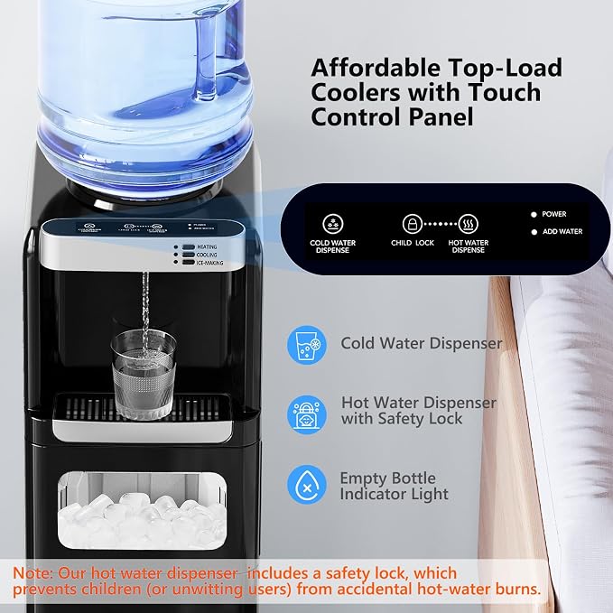 Electactic Water Dispenser with Ice Maker Function, Top Loading Hot and Cold Water Cooler for 5 Gallon Bottle - Includes Child Safety Lock - Water Machine for Home, Office, Garage - Black