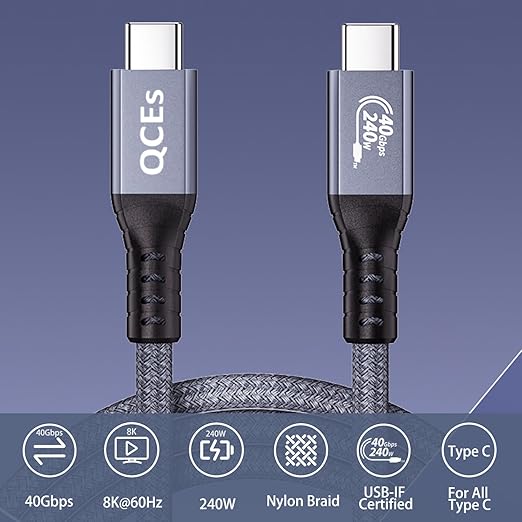 QCEs USB 4 Cable for Thunderbolt 4 Cable 6.6Ft, USB C to C for Thunderbolt 4/3 8K Video Display 40Gbps Data Transfer 240W PD Charging Compatible with iPhone 17/16, MacBook, Hub, SSD, USB-C Monitor