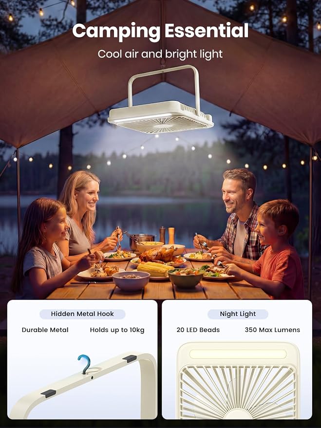 Warmco D4 Battery Powered Camping Fan 20000mAh, LED Lantern | Up To 48H Runtime, Ultra-Slim Quiet 8-Inch Fan, Digital Display & Hook For Tent, Bedroom, Outdoor & Travel