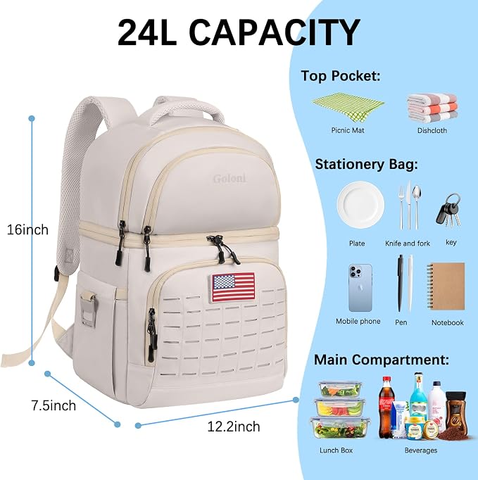 Goloni 40L Insulated Cooler Backpack, Leakproof Lightweight Soft-Sided Cooler with Cooler Compartment
