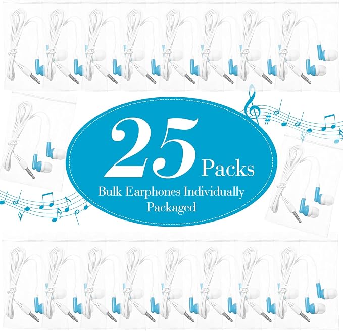 Konohan 25 Pcs Bulk Earbuds with Wire Basic Headphones in Ear for Libraries Laptop, No Microphone 3.5 mm Jack Earbuds Dot Headphones, Individually Bagged (Sky Blue)