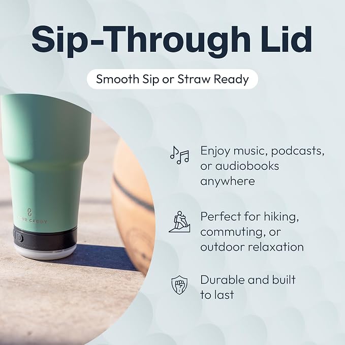 Vibe 28 oz Tumbler with Bluetooth Speaker, Insulated Stainless Steel Travel Cup with Lid, Hot & Cold Drink Beverage Container, Removable Speaker with Microphone, Rubber Base, Sandstone