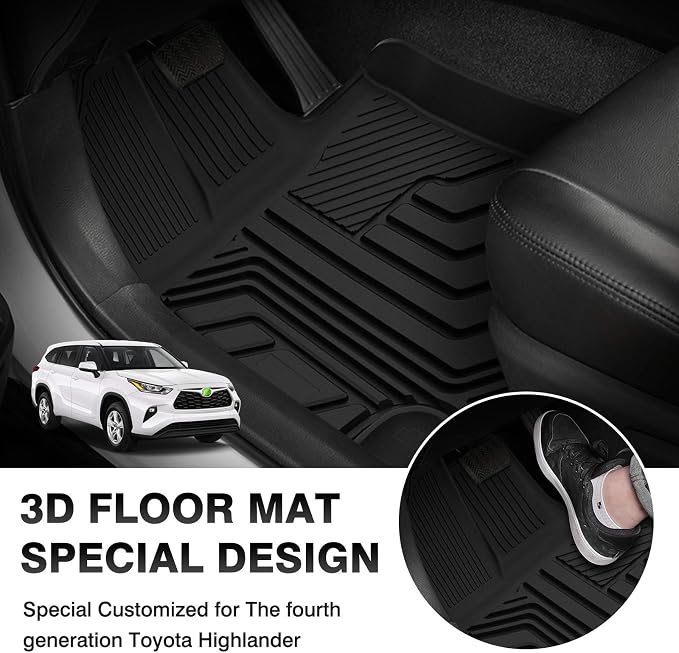 T TGBROS Floor Mats for 2020-2024 2025 2026 Toyota Highlander Accessories (W/2nd Row Bench or Bucket Seats w/Center Console) All Weather Floor Liners 3 Row Set TPE Non-Slip Black