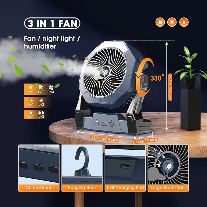 Ausic 10W Misting Solar Fan, 250ml Portable Outdoor Fans with Solar Panel, 8 Inch Battery Operated Rechargeable Cooling Fans with Hook, Camping Water Spray Fan for Travel/Beach/Patios/Chicken Coop