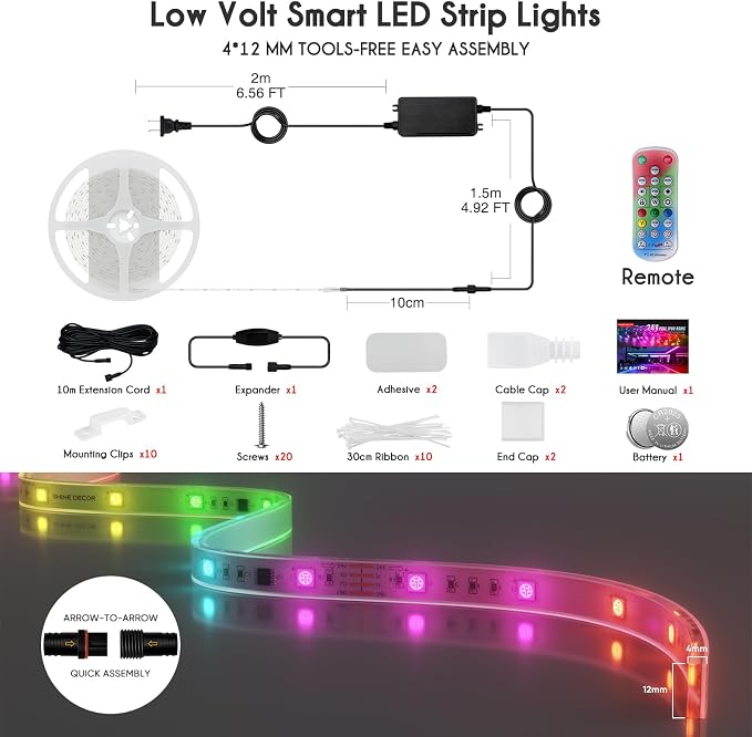 Shine Decor IP68 LED Strip Light 16.4 FT, DC 24V RGB+IC LED Strip Lights, Outdoor Rope Lights with Remote APP Control Music Sync, Color Chasing LED Lights Strip for Chrismas, Pool, Home Decor