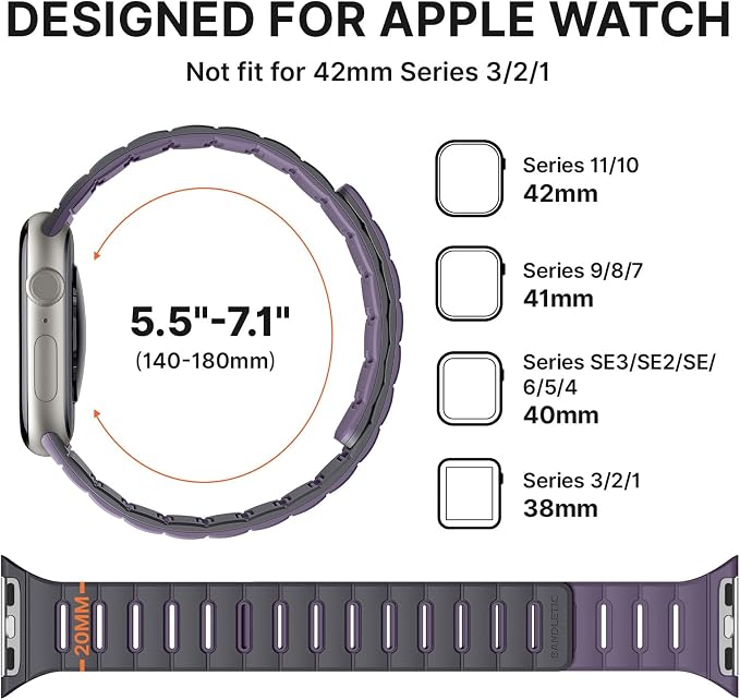 Bandletic Double Sided Magnetic Compatible with Apple Watch Series 10 Band, Durable Strong Magnet Strap Replacement for iWatch Bands 42mm(Series 11/10),41mm(9/8/7), 40mm(SE3/SE2/SE/6/5/4),38mm(3/2/1)