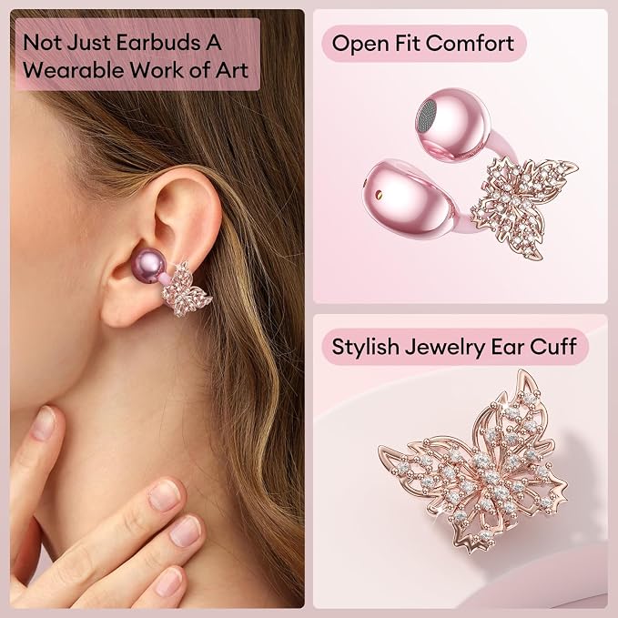 PAXA Stylish Clip On Earbuds with Removable Gold Butterfly Earring, Open Ear Earbuds with LCD Touch Screen, Fashionables Open Ear Headphones for Women, Butterfly Earring Rose Gold M100