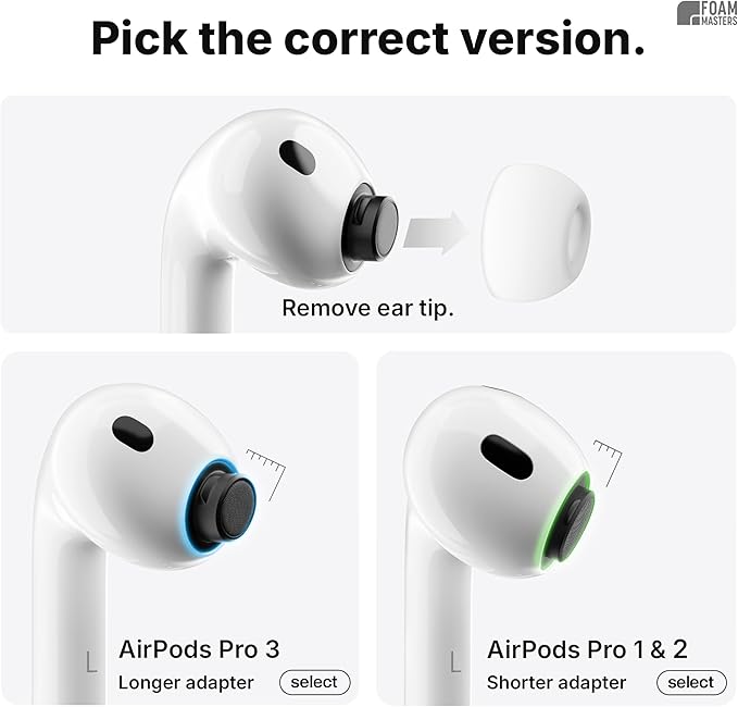Foam Masters Ultra-Premium Memory Foam Ear Tips for AirPods Pro 1st & 2nd Gen | 3 Pairs | New Ver. | Secure Fit | Super Comfort | Better Noise Cancel | Replacement Buds (Large, Black)