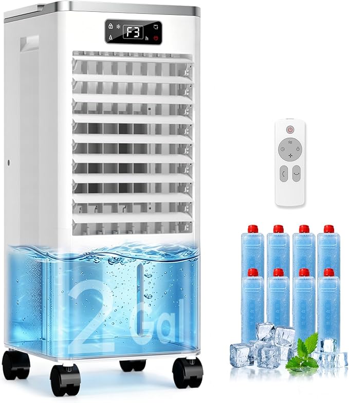 3-in-1 Evaporative Air Cooler, Portable Personal Air Cooler with Detachable Water Tank & Ice Box, 36-40dB Quiet Air Conditioners Cooling Fan with Child Lock, Evaporative Cooler for Bedroom Office