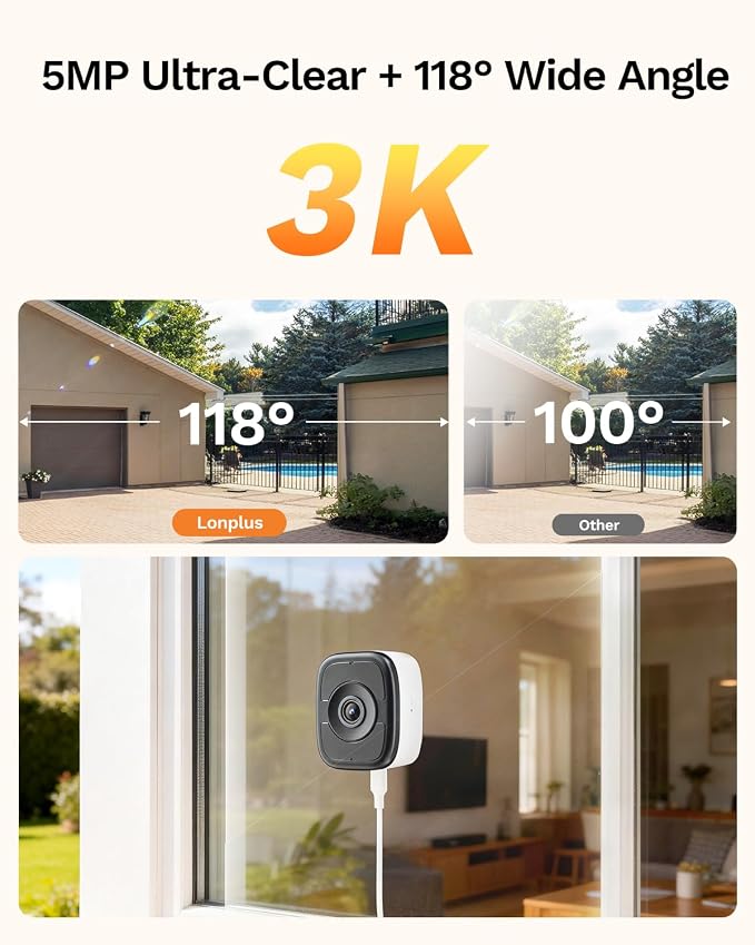 LongPlus 3K 5MP Magnetic Window Camera with Night Vision, 2.4&5GHz WiFi Safeview Window Security Camera, Indoor Window Camera for Home Security, 24/7 Recording, Human/Car Detection,Two-Way Audio