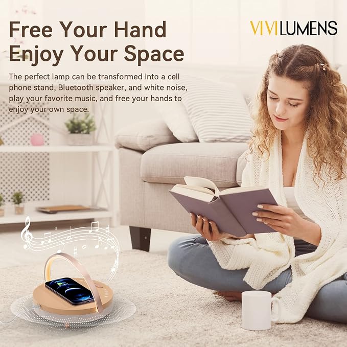 Vivilumens Birthday Gifts for Women 6 in 1 Bedside Lamps with Wireless Charger Bluetooth Speaker White Noise Machine Music Table Lamp Night Light Personalized Gift for Mom Teens Girls(Sound Upgrade
