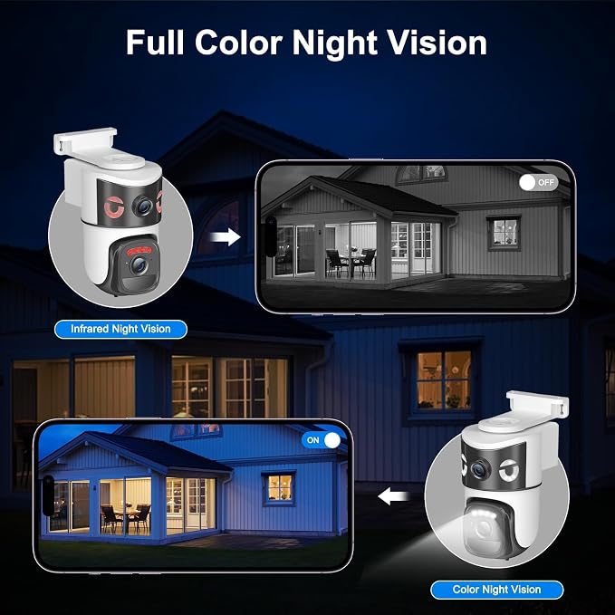 8MP 4K Solar Security Camera Outdoor, Dual Lens Wireless WiFi PTZ Camera, 360° Pan 90° Tilt, Color Night Vision, Auto Human Tracking, Two-Way Audio, IP66 Weatherproof Home Surveillance Camera