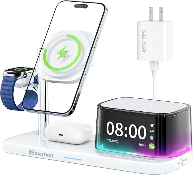 Qi2.2 25W Magnetic Wireless Charging Station, 5-in-1 Charger Stand with Bluetooth Speaker, Alarm Clock & Night Light for iPhone 12–17, Apple Watch, AirPods, Galaxy & Pixel (Qi)
