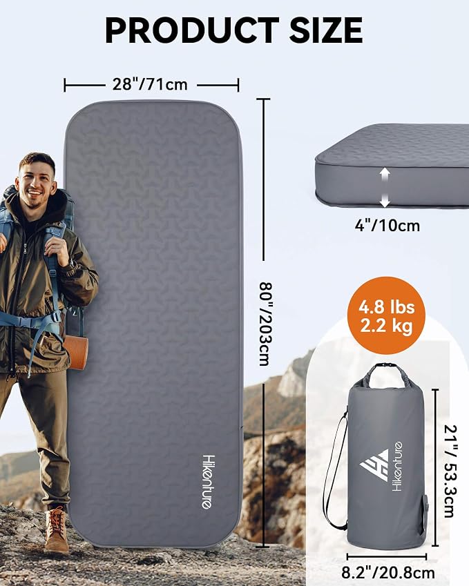Hikenture 4" Thick Self Inflating Sleeping Pad, Foam & Air Camping Mattress, 9.5 R-Value Insulated Sleeping Mat, Portable All Season Camping Pad for Tent, Car, Cot, Truck