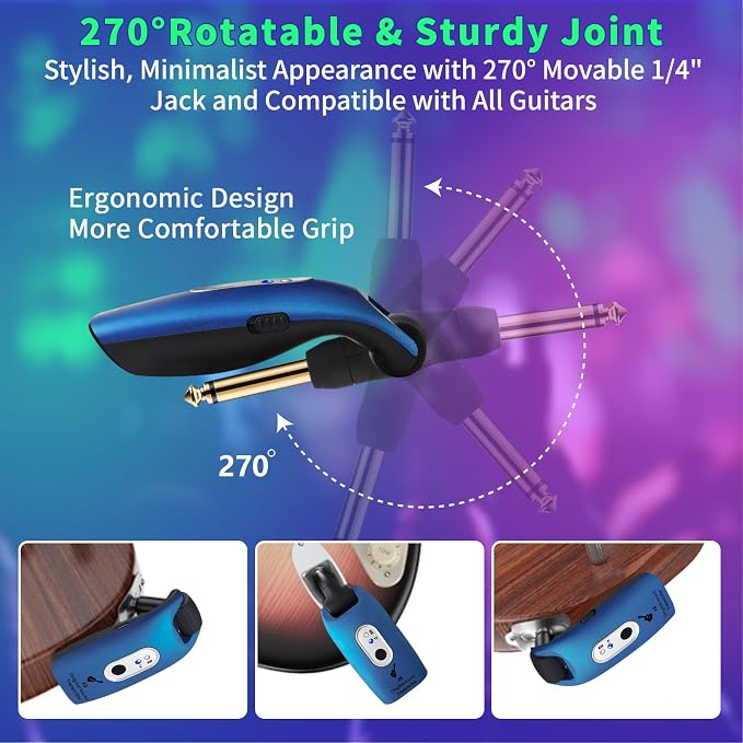 A9 Wireless Guitar System 2.4GHz Wireless Guitar Transmitter and Receiver, Rechargeable,4 Channels, 100FT/30m Range,270° Rotatable Plug,for Electric Guitar Bass (Blue(2TX+1RX))