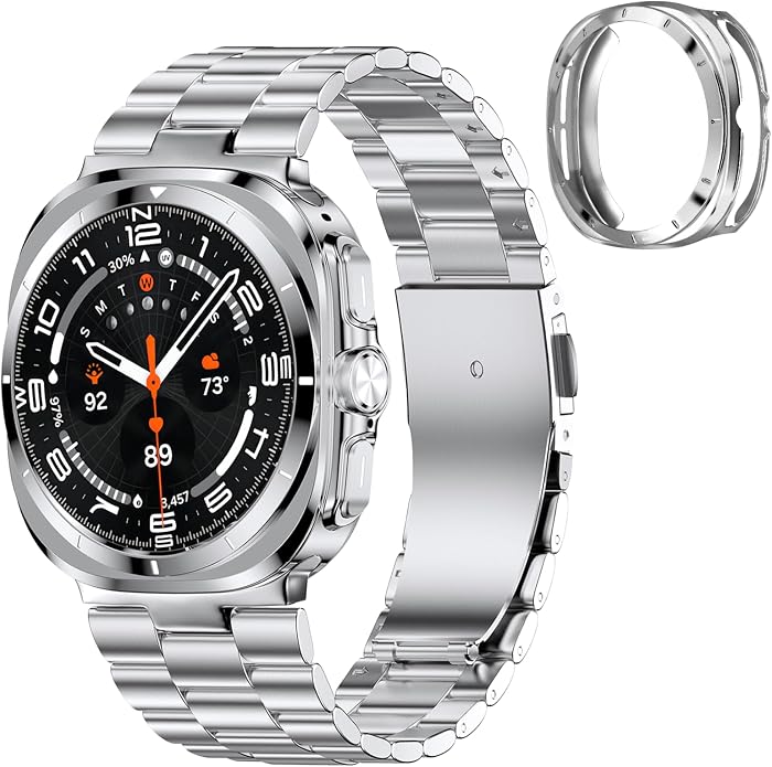 Stainless Steel Metal Band Compatible Samsung Galaxy Watch Ultra 47mm(2025 2024) with Case,Replacement Business 22mm Strap for Galaxy Watch 7 8 Ultra for Men (black+silver)