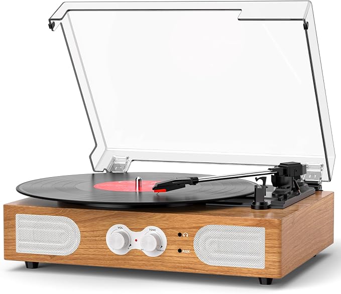 Vinyl Record Player with Built-in Speakers 3-Speed Vintage Record Player Support Treble& Bass Control, 3.5mm Headphone Jack, RCA-Out/Aux in, Belt-Driven LP Turntable,Natural Wood