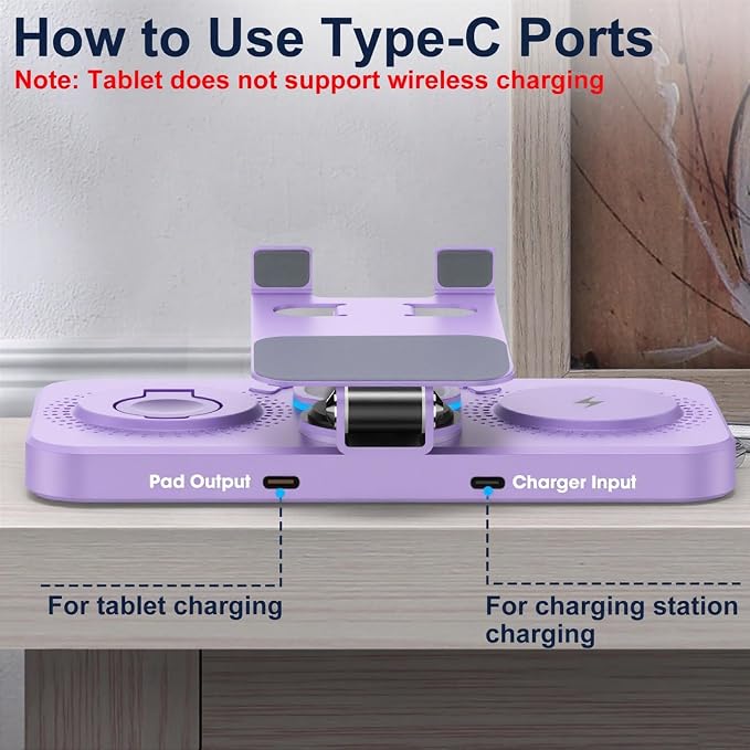 30W Charging Station for Apple Products, Foldable Wireless Charger with Clock Display&7 Color Light, Wired Charging for iPad/Tablet Charging Station for iPhone17, for Apple Watch11 for AirPods4(Purple