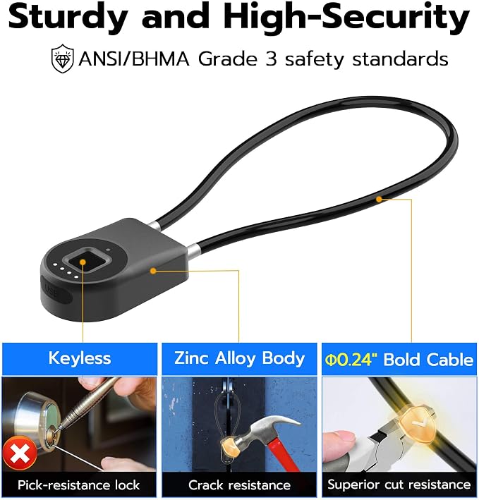 Anweller Fingerprint Cable Lock, 14" Long Shackle Small Padlock, Keyless Entry Biometric Bluetooth Smart Waterproof Combination Pad Lock for Gate Outdoor Fence Fridge Cabinet Locker Pool Bike - Black