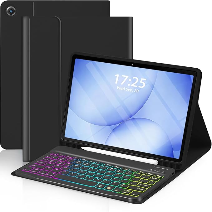 EAMPANG Case with Keyboard for Samsung Galaxy Tab A9 Plus 11 inch (SM-X210/X215/X216/X218),7 Color Rainbow Backlight Detachable USB-C Keypad Magnetic Case with Pen Slot for Tablet A9+ 5G Dark Black