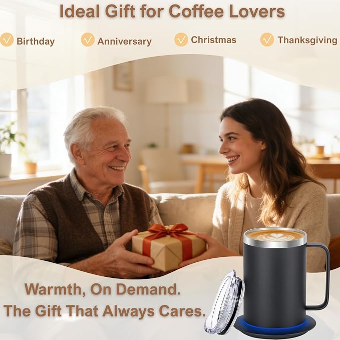 Coffee Warmer Mug Set for Desk, Self Heating Coffee Cup with Lid, USB Electric Coffee Mug with Temperature Control(Black-14oz)