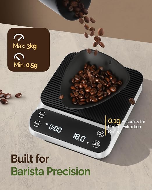 Maestri House S3 Coffee Scale with Timer, 3kg/0.1g Rechargeable Pour Over Coffee Scale, 3 Brew Modes, Adjustable Brew Ratios & Flow Rate Display, Scale for Pour Over, Espresso & French Press-White