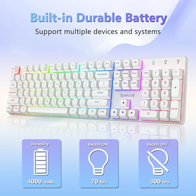Redragon K710 Wireless Mechanical Gaming Keyboard, Bluetooth/2.4G/Wired Tri-Mode, RGB Backlit, Clicky Blue Switch, Rechargeable Battery, Solid Metal Panel, PBT Keycaps for PC/Mac, White