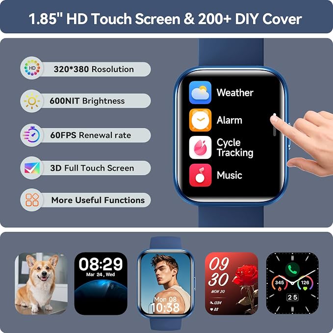 Smart Watch for Men/Women Android & iPhone, 1.85" Touchscreen Smartwatch with Answer/Make Calls, Fitness Watch with 3ATM Waterproof, 120+ Sport Modes, Heart Rate/Sleep/SpO2 Monitor,Pedometer, Alexa