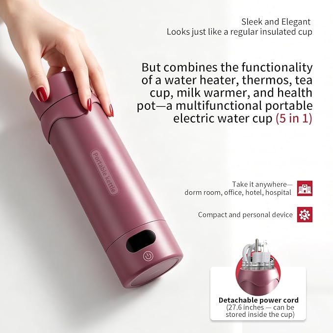 Insulated Stainless Steel Electric Kettle Small, Smart Water Bottle with 4 temperature control, Leak-Proof, Mini Travel Essentials Portable Office Gifts for Tea Lovers, Black Cherry