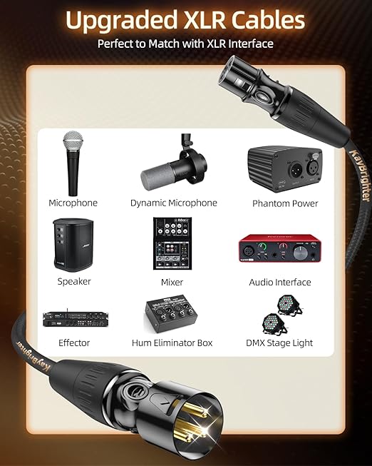 Microphone XLR Cable 10ft 1-Pack, 3-Pin Gold Plated Rean-Neutrik Connectors, 99.99% OFC Mic Cord, Nylon Braided Premium Male to Female XLR Microphone Cable for Mixer Interface