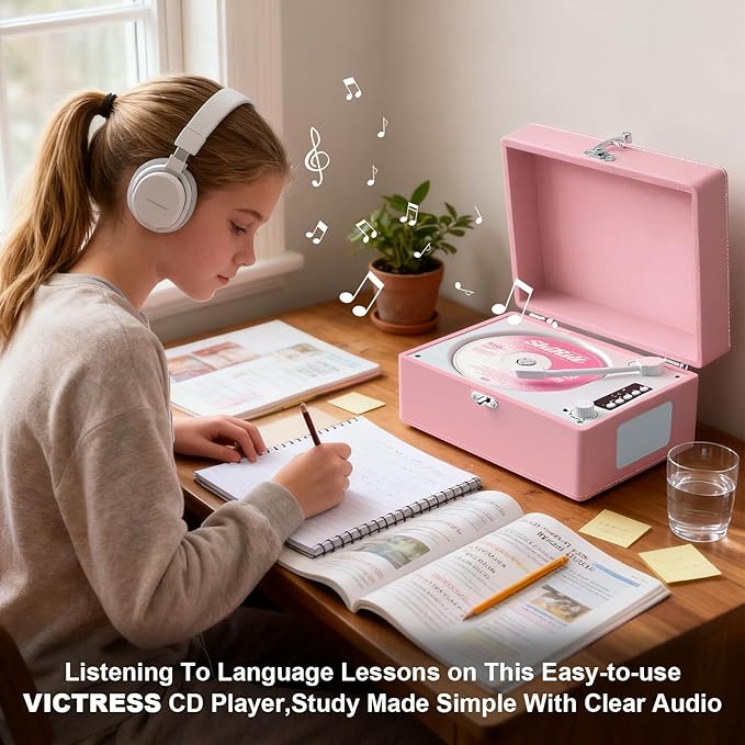 CD Player Portable Bluetooth, Pink CD Player Leather for Home Music Player, Rechargeable Battery & Built-in Speakers, USB & AUX Playback, Vintage CD Stereo for Home Decor Gift(Light Pink)