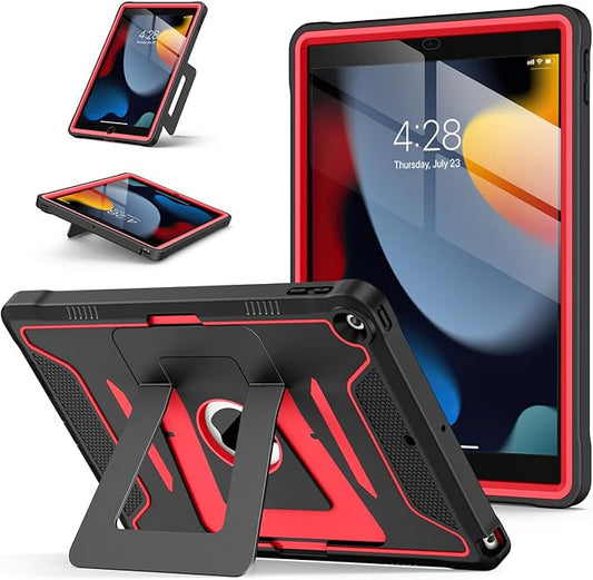 Soke Case for iPad 9th/8th/7th Generation 10.2-Inch (2021/2020/2019 Release), with Screen Protector and Multi-Angle Kickstand, Rugged Full Body Heavy Duty Protective Cover - Black Red