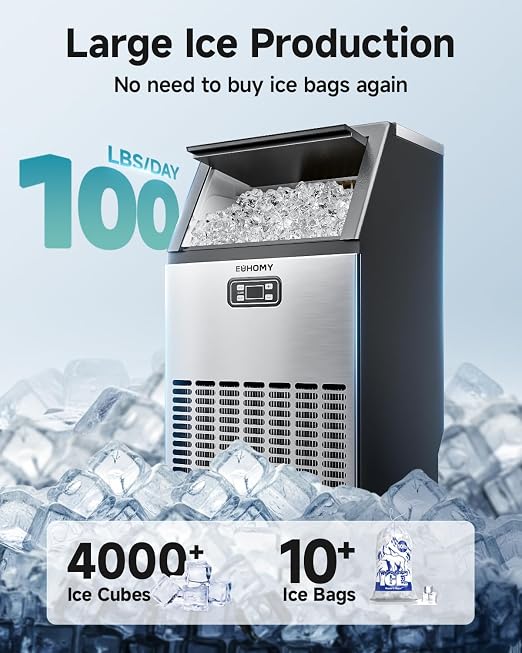 EUHOMY Commercial Ice Maker Machine, 100lbs/24H Stainless Steel Under Counter ice Machine with 33lbs Ice Storage Capacity, Freestanding Ice Maker.