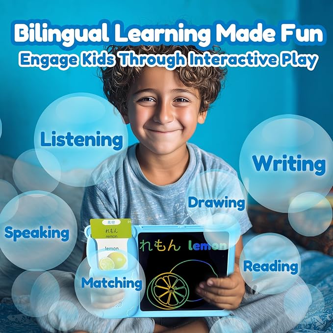 Drawing Tablet with Bilingual Flashcards for Kids - Japanese English Talking Flash Cards, LCD Writing Pad Board, Pocket Speech for Toddlers, Learning Toy Gift for Boy Girls (Japanese, Blue)